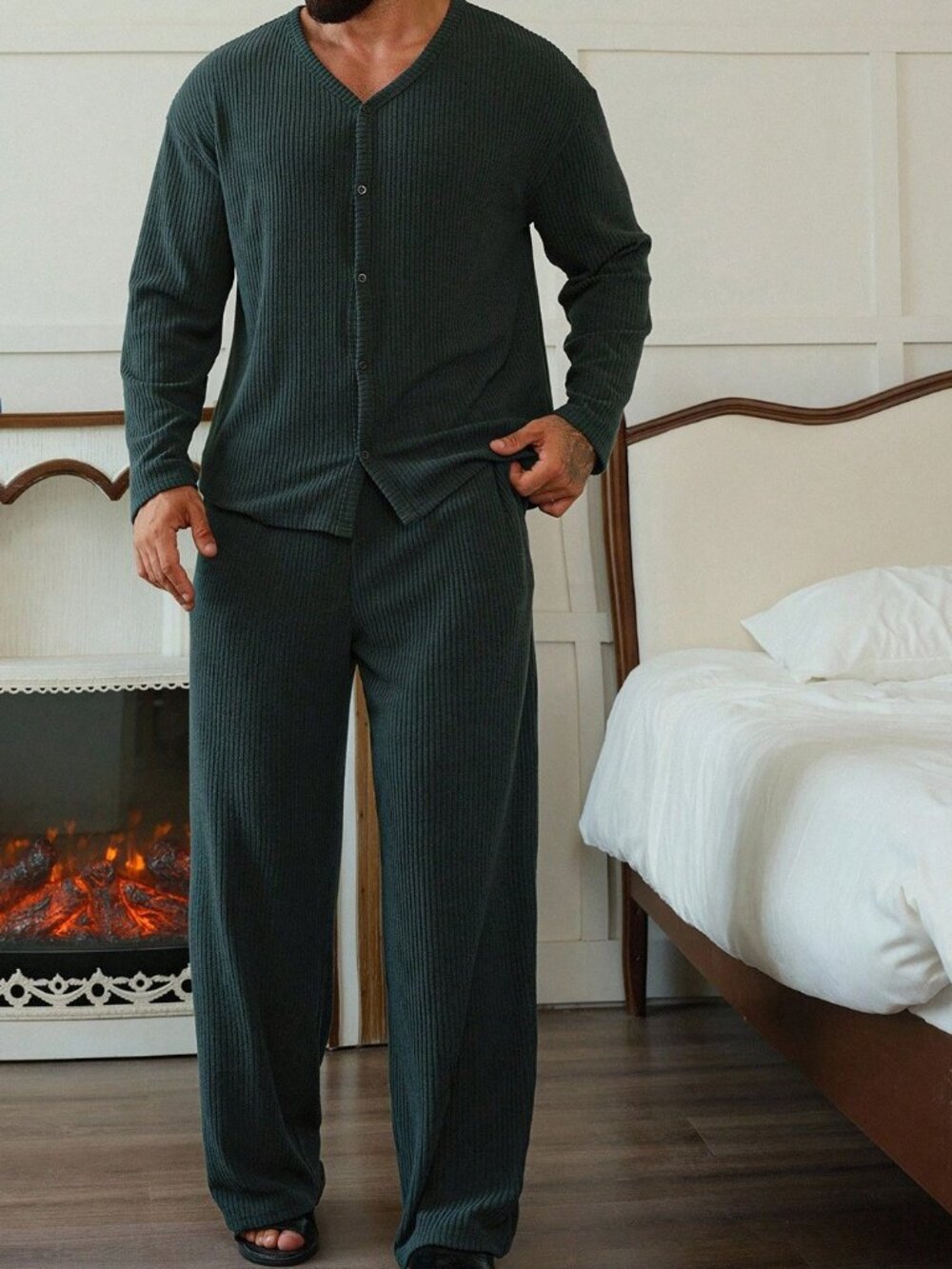 Green Casual Men's Ribbed V-Neck Loose Fit Loungewear Set